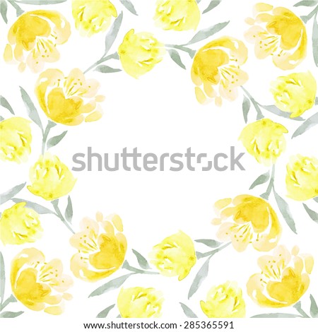 Watercolor floral wreath of yellow peony flowers. Template for invitation,card, save the date, postcard, banner,poster, mothers day, women day, birthday, bridal shower, newborn card. Vector background