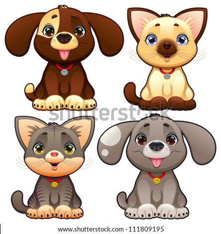 Cute dogs and cats. Funny cartoon and vector animal characters, isolated objects.
