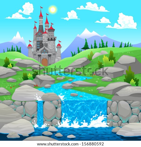 Mountain landscape with river and castle. Cartoon and vector illustration