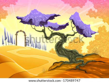 Landscape with tree and arch. Vector illustration