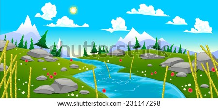 Mountain landscape with river. Cartoon and vector illustration
