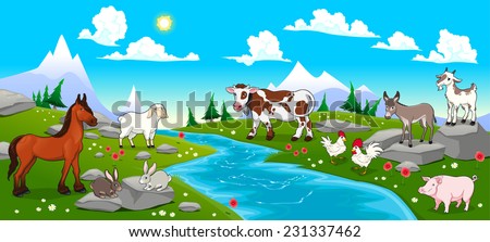 Mountain landscape with river and animals. Cartoon and vector illustration