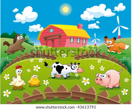Funny Wallpaper Backgrounds on Farm Illustration  Funny Cartoon And Vector Scene    Stock Vector