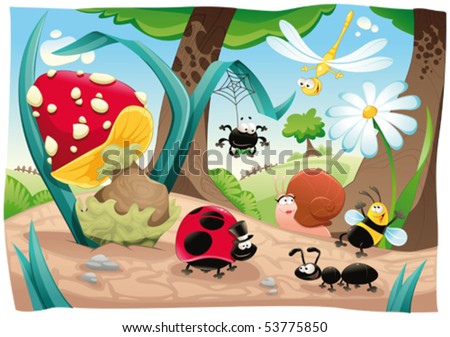 stock vector : Insects family on the ground. Funny cartoon and vector scene. Objects isolated.