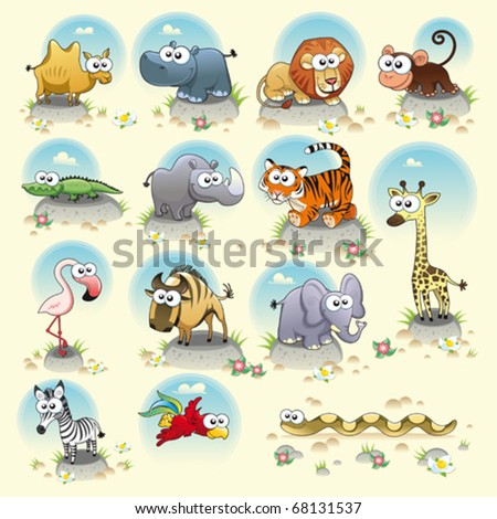 Savannah animals. Funny cartoon and vector characters. Isolated objects