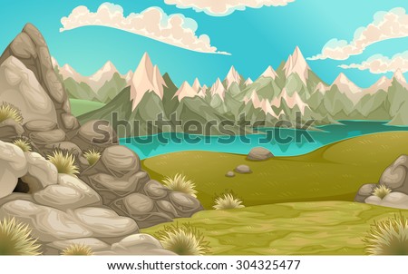 Mountain landscape with lake. Vector cartoon illustration