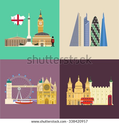 London Attraction Landmark Flat.bridge, big ben, museum, bus, pinnacle, royal albert, St Paul's, The Shard, the gherkin, tower of london, Trafalgar Square, westminster