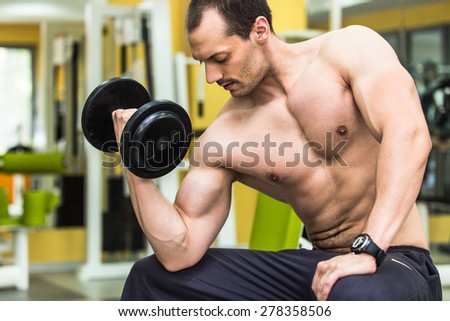 Muscular power athletic male bodybuilder sitting and training his biceps with dumbbells in fitness center.