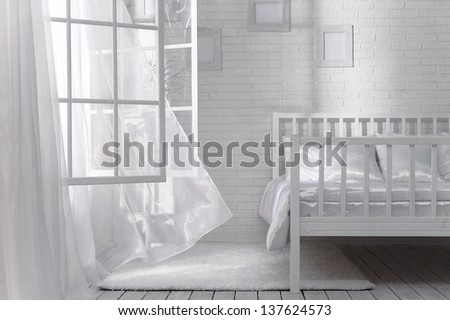 Bedroom with an open window and a light breeze on a sunny day