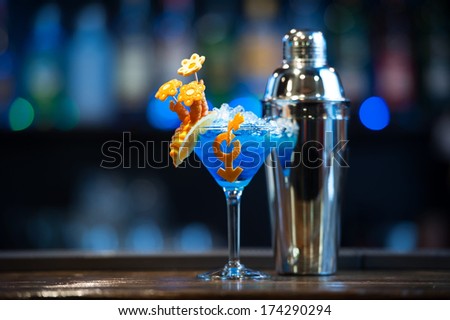 Cocktail with decoration and shaker on the bar