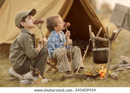 Two little boy are heated in a fire and cook out on a summer evening