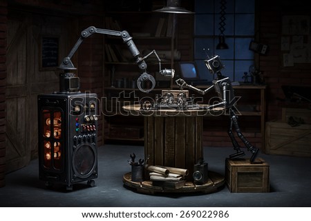 Two robots play a game of chess in the studio in the evening