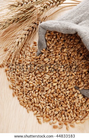 Wheat and the scattered bag with a grain on a wooden surface