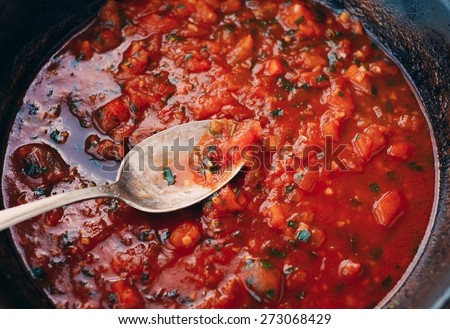 Delicious Hot Tomato Sauce Cooked On A Frying Pan