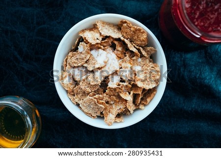 Cereals With Milk And Honey Healthy Organic Food Top View