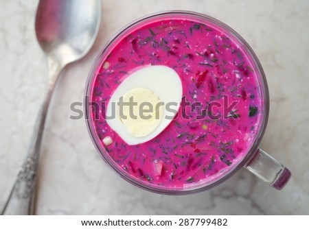 Cold Red Beet Soup with Egg Healthy Homemade Food Top View