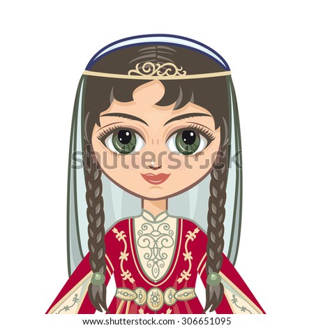 Doll in a national Chechen suit. Historical clothes. Portrait, avatar. Raster illustration on a white background. Digital illustration.