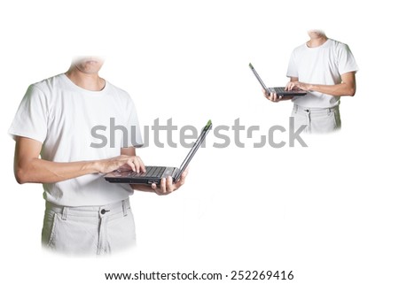 Men working ,with a notebook. on white background