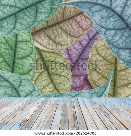 old wooden floor platform on colorful leaf  nature , background