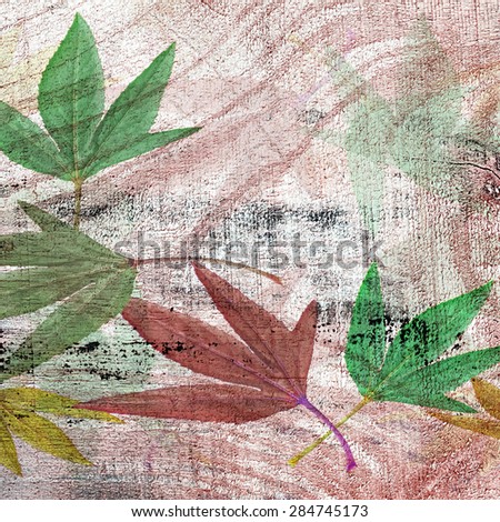 Leaves on background ,old wood pattern, concept paint leaves color  background
