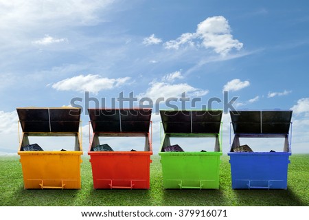 Colorful Industrial Waste Bin (dumpster) for municipal waste or industrial waste on green grass and blue sky background,with ecology concept