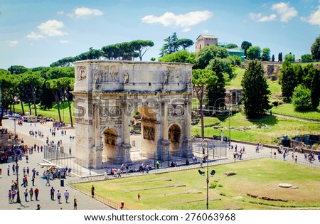 The Arch of Constantine view from the Colosseum. This is a triumphal arch in Rome, Italy.