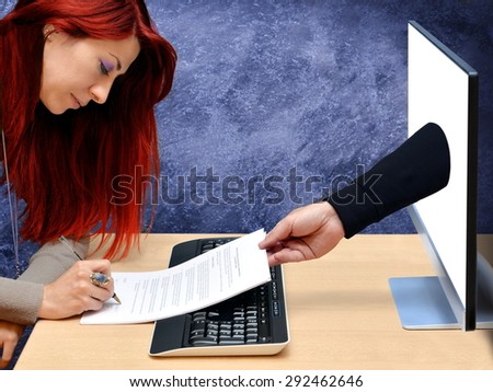 business woman signing contract online in office for credit card