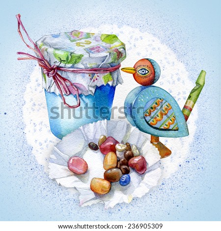 Celebratory bright postcard with a picture of the gift of the cup , tied with a ribbon , bird whistles and placer candy on a background of lace napkins.
