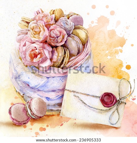 Image of holiday , wedding cake air in pastel shades , decorated with flowers and pasta, with envelope and tape on the background of bright watercolor blots and splashes.