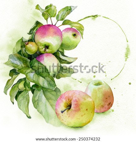 Watercolor branch with ripe apples and frame in the background.