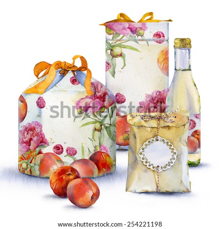 Watercolor illustration of gift box with peaches, raspberries and peonies. In the composition of the two boxes with ribbons, a bottle of lemonade and a paper bag.