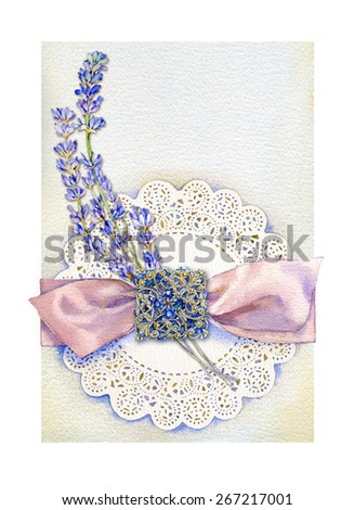 Wedding card with a sprig of lavender, lace fabric and tied with a pink ribbon and vintage brooch design watercolors.