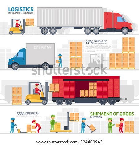 Logistic infographic elements set with transport, delivery, shipping, forklift truck in warehouse, storage loading cardboard boxes. Vector flat design.