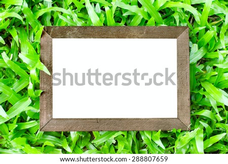 Close up of vintage wooden frame on green grass background with copy space