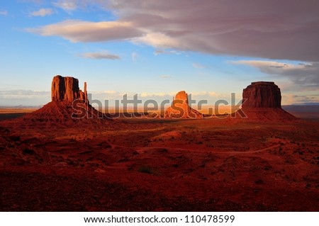 Monument Valley. Sandstone formation in Monument Valley during sunset as storm clouds are rolling in.