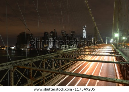 View of Lower Manhattan following power outage as a result of Hurricane Sandy from Brooklyn Bridge.