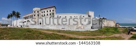 Panorama of Elmina Castle (also called the Castle of St. George) which is located on the Atlantic coast of Ghana west of the capital, Accra. It is a UNESCO World Heritage Site.