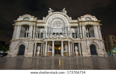 Palacio De Bellas Artes (Spanish For Palace Of Fine Arts). Mexico City\'S Main Opera And Theatre House As Seen At Night. A Extravagant Marble Neoclassical Structure Inaugurated In 1934.