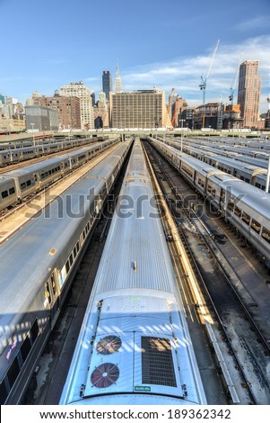 The West Side Train Yard for Pennsylvania Station in New York City from the Highline. View of the railcars for the Long Island Railroad. The future site of the Hudson Yards Redevelopment Project.