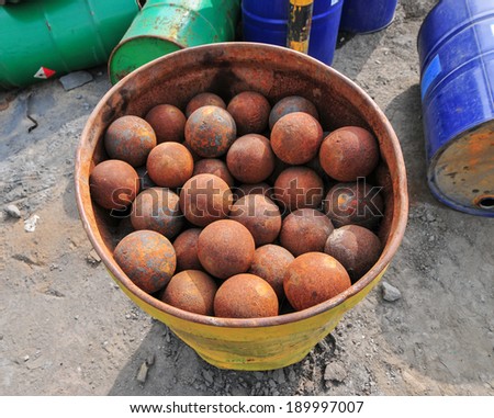 Iron Balls that are used for milling ore into a powder as part of the mining and processing of gold ore.