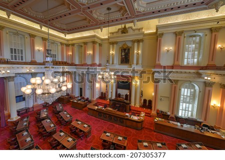 SACRAMENTO, CALIFORNIA - MAY 31, 2014: An empty Senate Chamber in the California State Capitol building on May 31, 2014 in Sacramento, California