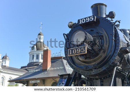 KINGSTON, ONTARIO - JULY 5, 2014: An old locomotive called the Spirit of Sir John A., which was in active service until 1960 and later became a landmark.