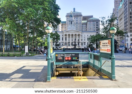 BROOKLYN, NY - JUNE 21, 2014: Brooklyn Borough Hall Subway Station entrance.