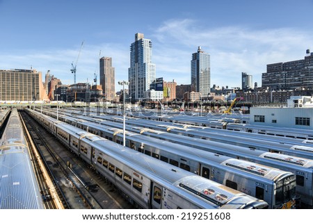 NEW YORK, NEW YORK - APRIL 20, 2014: The West Side Train Yard for Pennsylvania Station in New York City from the Highline. View of the railcars for the Long Island Railroad.