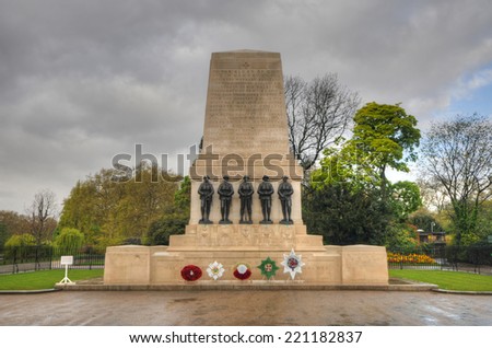 LONDON, UK - APRIL 26, 2012: The Guards Memorial in Horse Guards Parade, London. The memorial commemorates the men of the five Foot Guards Regiments who gave their lives in the Great War.