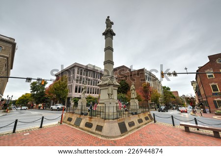 LANCASTER, PA - OCTOBER 13, 2014: Soldiers and Sailors Monument in Lancaster, Pennsylvania. It is a 43-foot (13 m) tall Gothic Revival memorial which stands in Penn Square in downtown Lancaster.