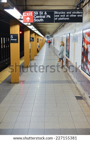 NEW YORK, NEW YORK - OCTOBER 27, 2014: Fifth Avenue Subway Station, New York as the R train passes by.