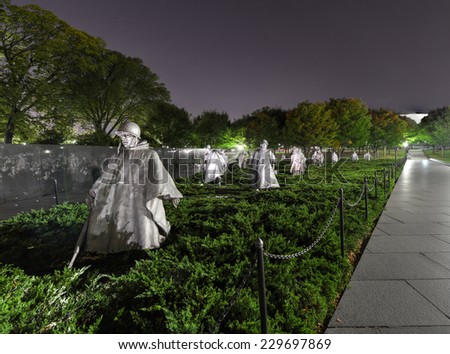 WASHINGTON, DC - SEPTEMBER 27, 2013: Korean War Veterans Memorial at night, located in National Mall in Washington, DC. The Memorial commemorates those who served in the Korean War.
