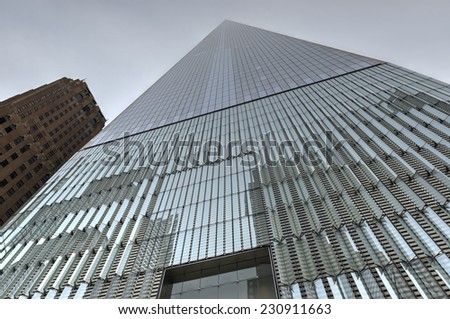 NEW YORK, NEW YORK - NOVEMBER 8, 2014: Freedom Tower in Lower Manhattan. One World Trade Center is the tallest building in the Western Hemisphere and the third-tallest building in the world.