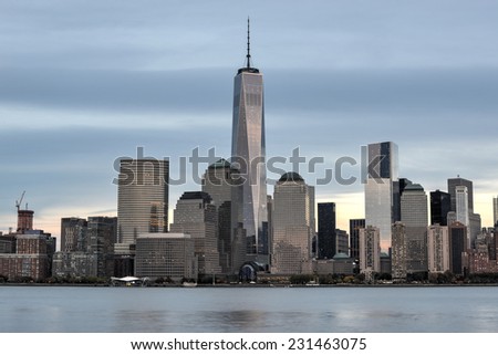 JERSEY CITY, NEW JERSEY - NOVEMBER 8, 2014: New York City Manhattan skyline over Hudson River viewed from New Jersey
